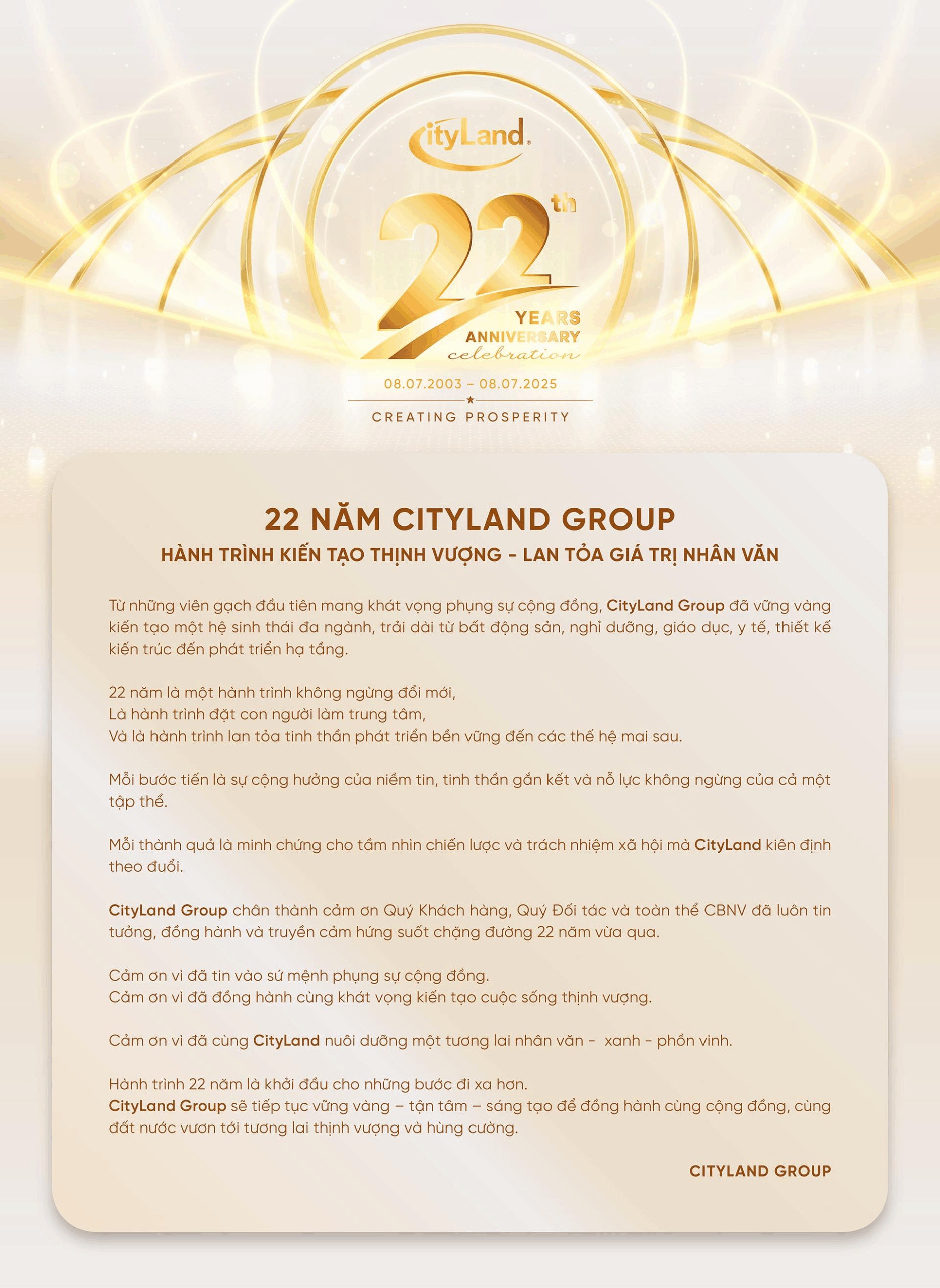 CITYLAND GROUP ĐÓN CHÀO TUỔI 22 TIẾP TỤC SỨ MỆNH KIẾN TẠO CUỘC SỐNG THỊNH VƯỢNG